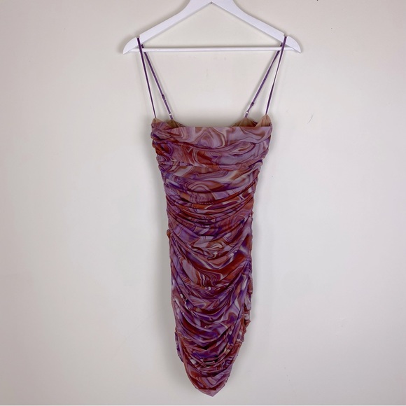 House Of CB Mini Dress Purple Swirl Ruched Organza Mesh 2021 Resorts Collection - Picture 2 of 9